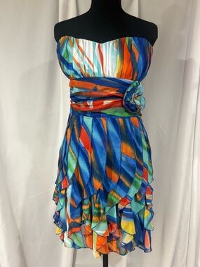 B Darlin Strapless Multicolor Ruffle Cocktail Dress - Blue, Orange, Green, Cream